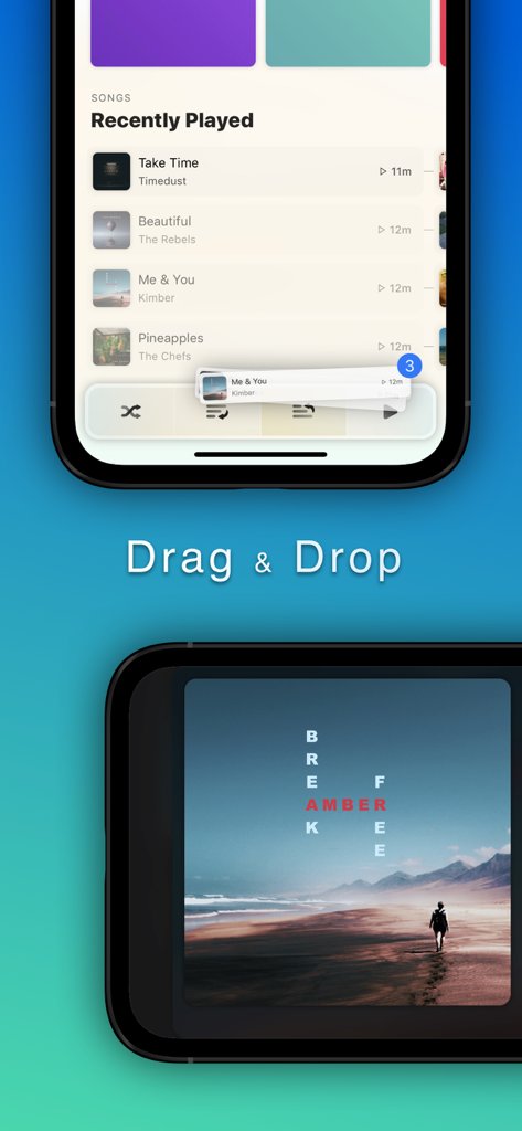 Marvis Pro - Marvis Pro music app interface showing a user dragging and dropping a song into a playlist