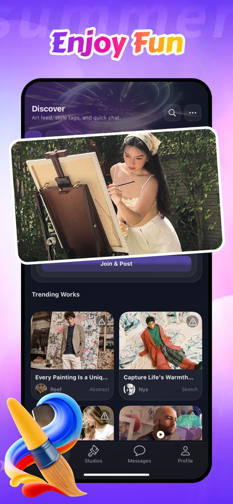 Foci: Get Inspired & Enjoy Fun - Screenshot of Foci app showing a feed of trending art works and a woman painting outdoors.