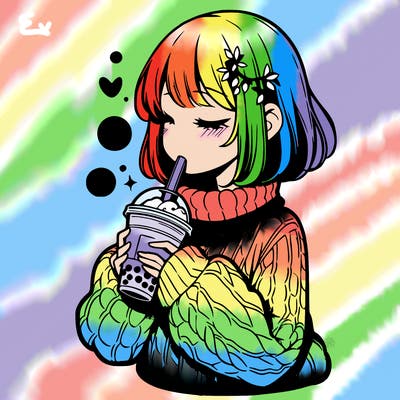 manga girl drinking boba in cozy sweater