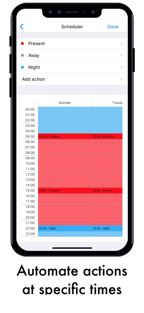 xxter - Tela do smartphone mostrando a interface do agendador do aplicativo xxter com blocos de tempo codificados por cores para automatizar ações domésticas