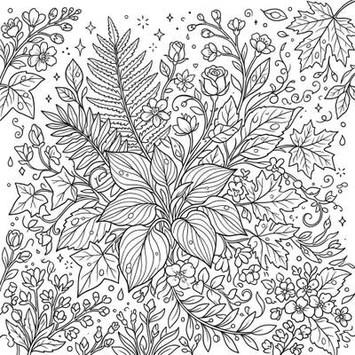 Discover the vibrant essence of spring with this intricate botanical coloring page, evoking the fresh scents of green fragrances. Dive into a world of lush leaves, delicate dewdrops, and blooming flowers, perfect for a relaxing and creative escape.