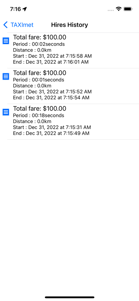The Hires History screen of the TAXImet app displaying a log of past trips with fare amounts and journey durations.