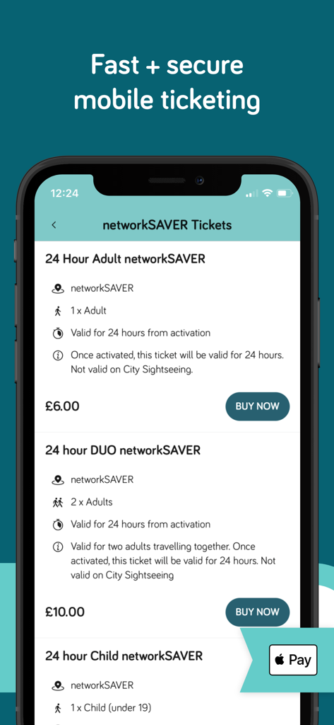 Mobile screen of the Brighton and Hove Buses app showing networkSAVER ticket options and Apple Pay support