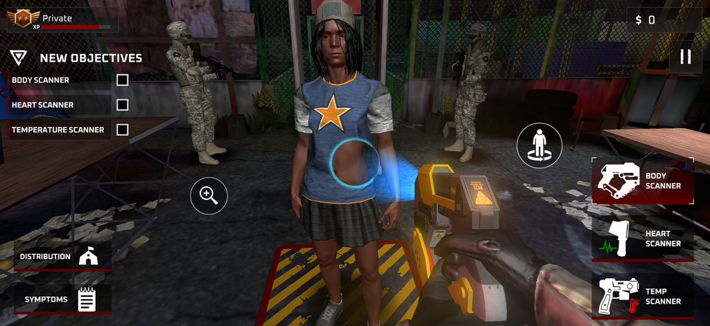 A player uses a handheld body scanner on a survivor at a military checkpoint.