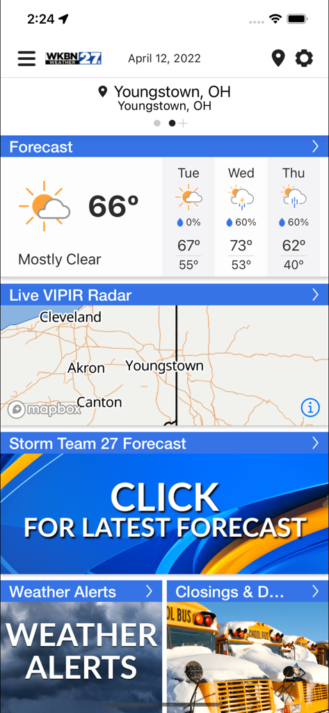WKBN 27 Weather - Youngstown - WKBN 27 Weather app dashboard for Youngstown with current temperature and radar map