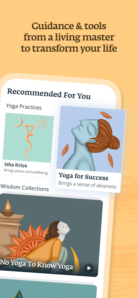 Sadhguru app interface showing recommended yoga practices and wisdom video collections