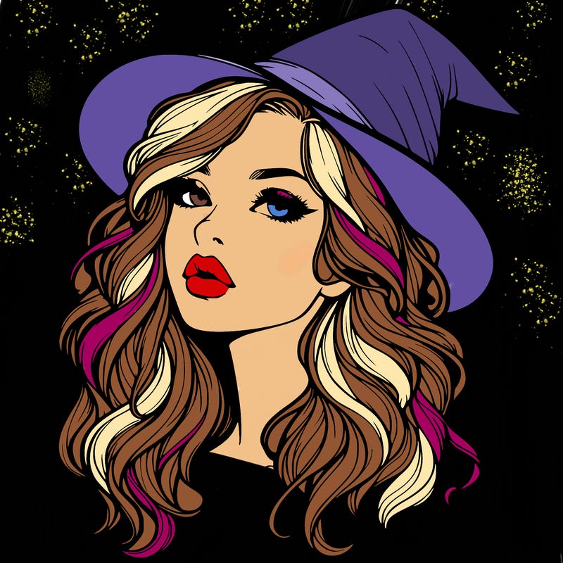 realistic witch girl with wavy hair and lips