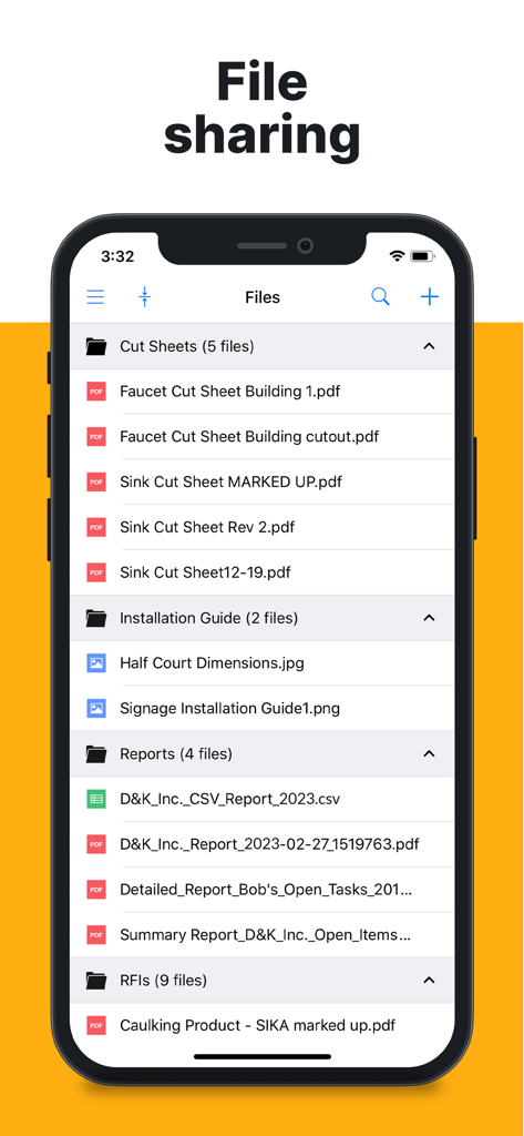 Fieldwire app interface showing construction project file sharing and document management folders