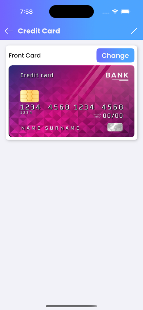 Digitale Ansicht einer Kreditkarte in der mobilen Wallet-App, die Kartendetails und Verwaltungsoptionen zeigt