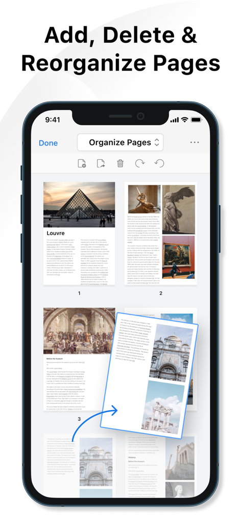 Mobile Oberfläche von PDF Gear, die Seitenverwaltung und Neuordnung von Dokumentenseiten zeigt