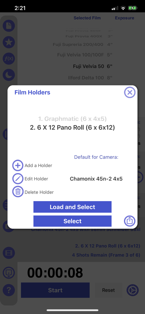 Film holder management interface in the Reciprocity Timer app