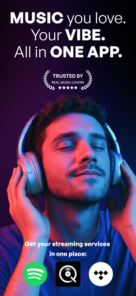 CORRD - Music Playlist by Mood - Promotional screen for CORRD music app showing a man wearing headphones and icons for integrated streaming services Spotify Qobuz and Tidal