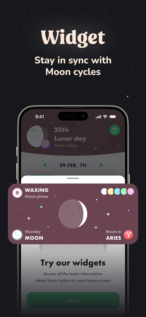 Navamsha app screenshot showing a lunar cycle home screen widget for tracking moon phases and zodiac signs