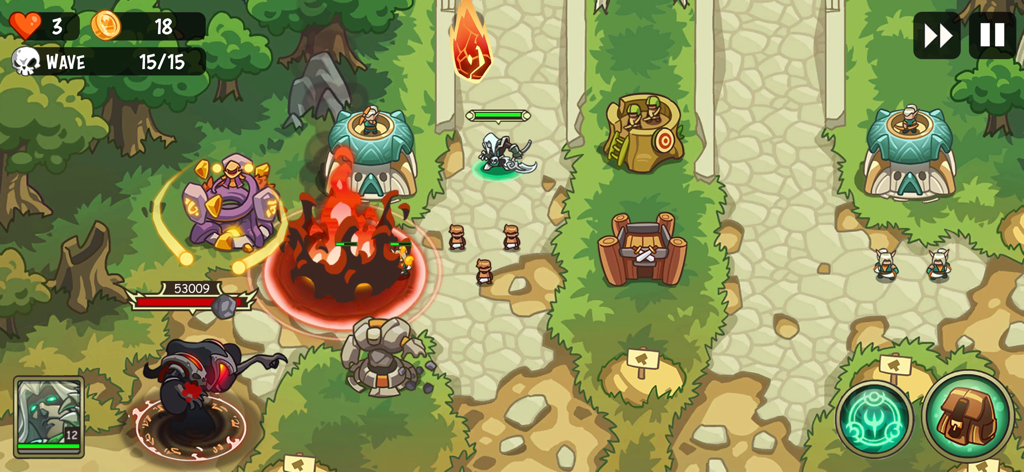 Fantasy tower defense gameplay showing heroes and towers defending against a wave of monsters in Empire Warriors.