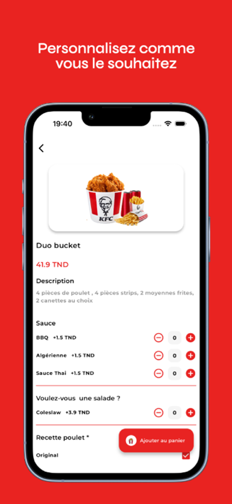 KFC Tunisie - Pantalla de la aplicación móvil mostrando las opciones de personalización para un menú Duo Bucket con salsas y guarniciones