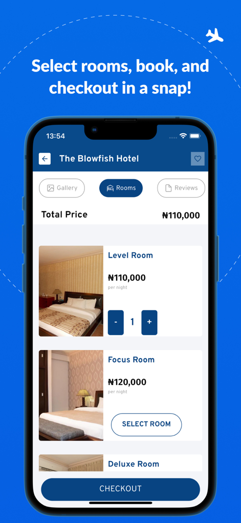 나이지리아 호텔의 객실 옵션, 가격 및 결제 버튼을 표시하는 Hotels.ng 앱 인터페이스