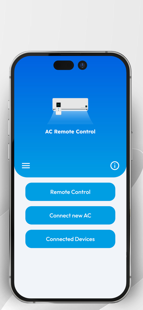Air-Conditioner remote control - Menú principal de la aplicación Control Remoto de Aire Acondicionado con botones para control remoto y conexión de dispositivos.