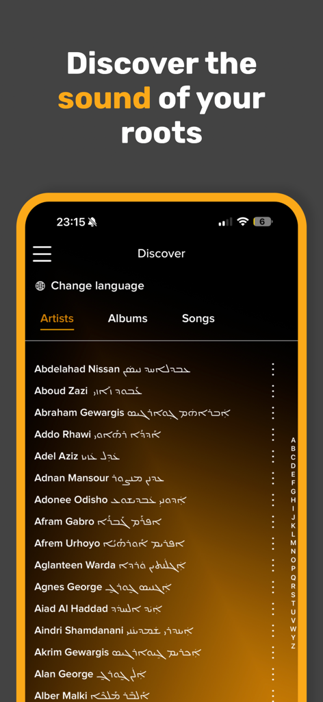 Toby.Audio - Toby Audio app interface showing a list of Aramean and Assyrian artists with names in English and Syriac script.