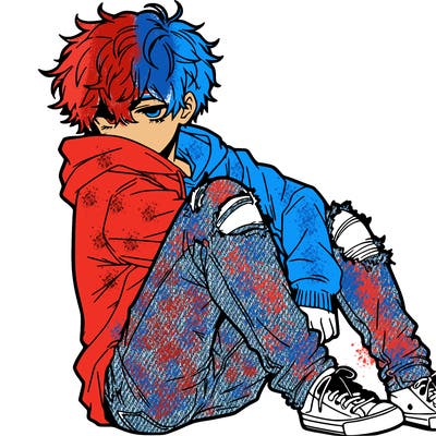 a male hoddie ripped jeans messy hair anime