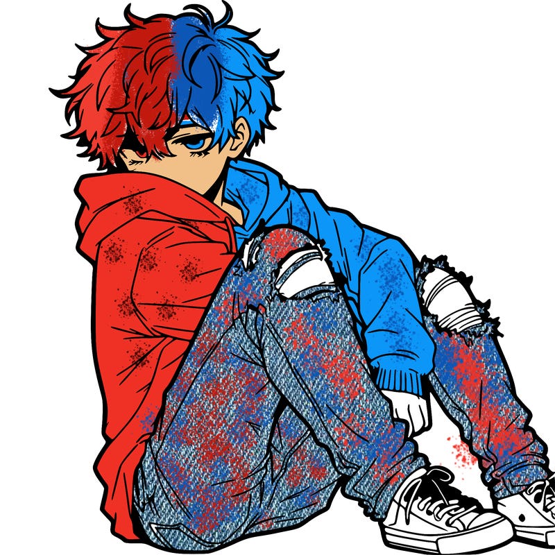 a male hoddie ripped jeans messy hair anime