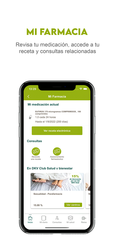 The pharmacy section of the DKV Quiero cuidarme Mas app displaying medication management and electronic prescriptions.