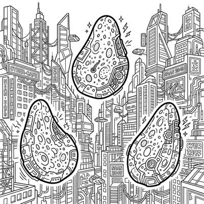 Journey to a dystopian future where even food takes on a technological edge with these captivating cyberpunk naan breads. This intricate coloring page invites you to imagine a world of neon glow and circuit patterns.