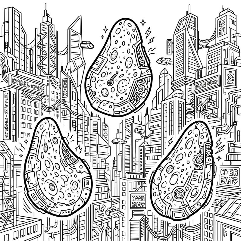 Journey to a dystopian future where even food takes on a technological edge with these captivating cyberpunk naan breads. This intricate coloring page invites you to imagine a world of neon glow and circuit patterns.