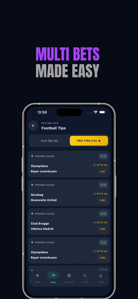 Mobile app interface showing professional football betting tips and multi bet predictions for various soccer leagues
