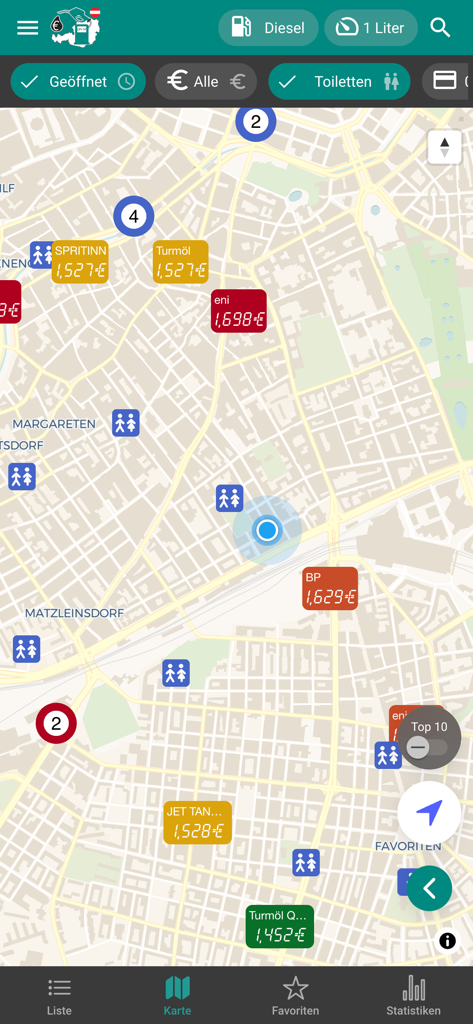 Vista de mapa de la aplicación Precios de Combustible Austria que muestra precios de combustible y ubicaciones de baños públicos en Viena