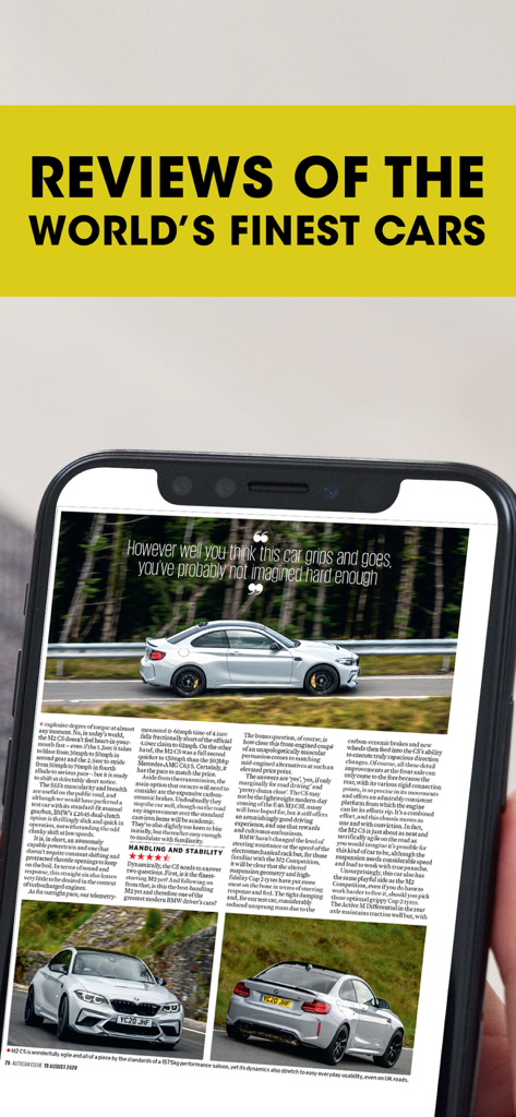 Aplicación móvil Autocar mostrando una reseña detallada de un coche BMW en la pantalla de un smartphone.
