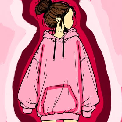 realistic girl with a oversized sweatshirt on and a bun