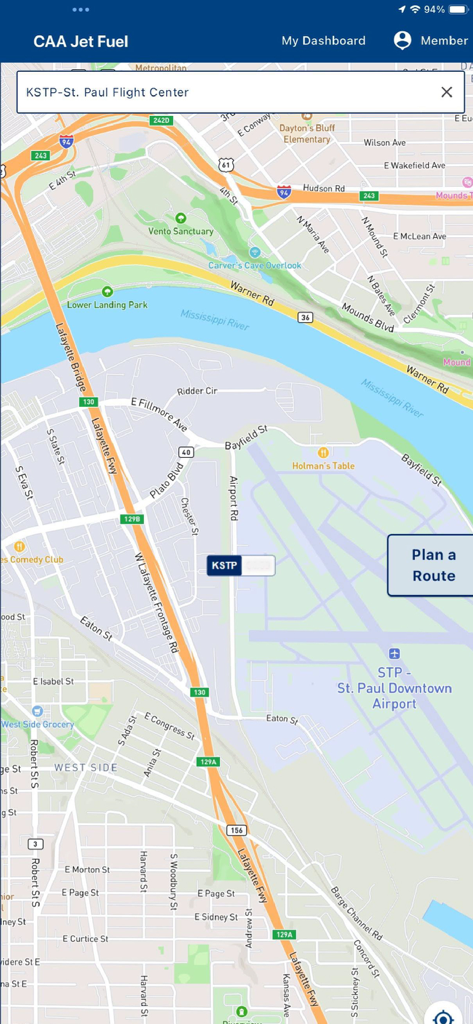 CAA Jet Fuel - Map view of St Paul Downtown Airport in the CAA Jet Fuel pilot app