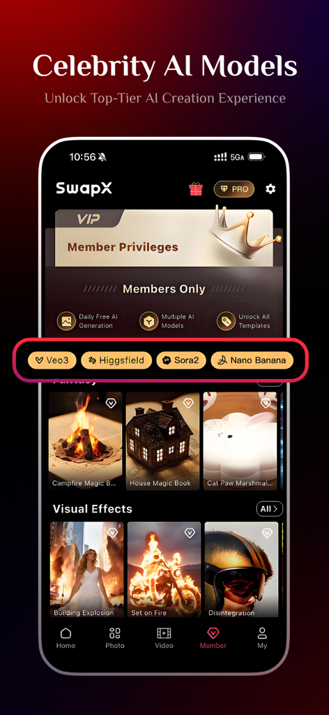 Interfaz de la aplicación SwapX que muestra modelos de IA de celebridades y plantillas de efectos visuales para miembros premium.