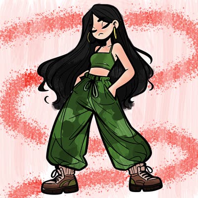 girl in baggy pants crop top and long hair