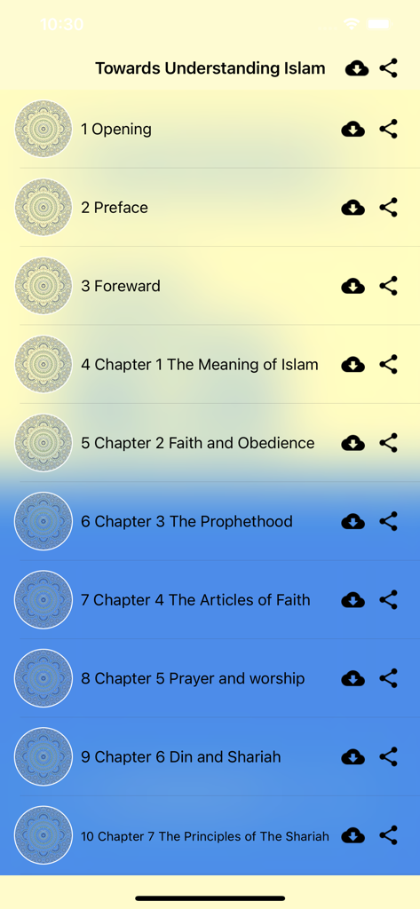 Understanding Islam - Maududi - Table of contents screen in the Understanding Islam app displaying various chapters with download and share buttons