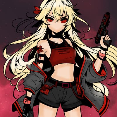 bad girl wearing crop top holding a gun long hair anime