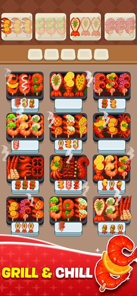 Skewer Jam: Food Games - Gameplay of Skewer Jam showing seafood skewers being sorted on a BBQ grill