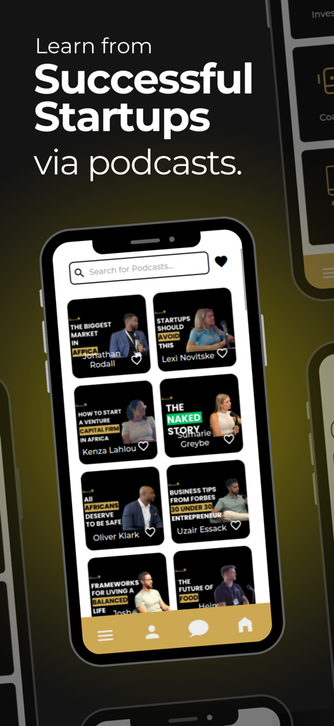 The African CEO - A interface do aplicativo móvel The African CEO mostrando uma galeria de podcasts de negócios e empreendedorismo.