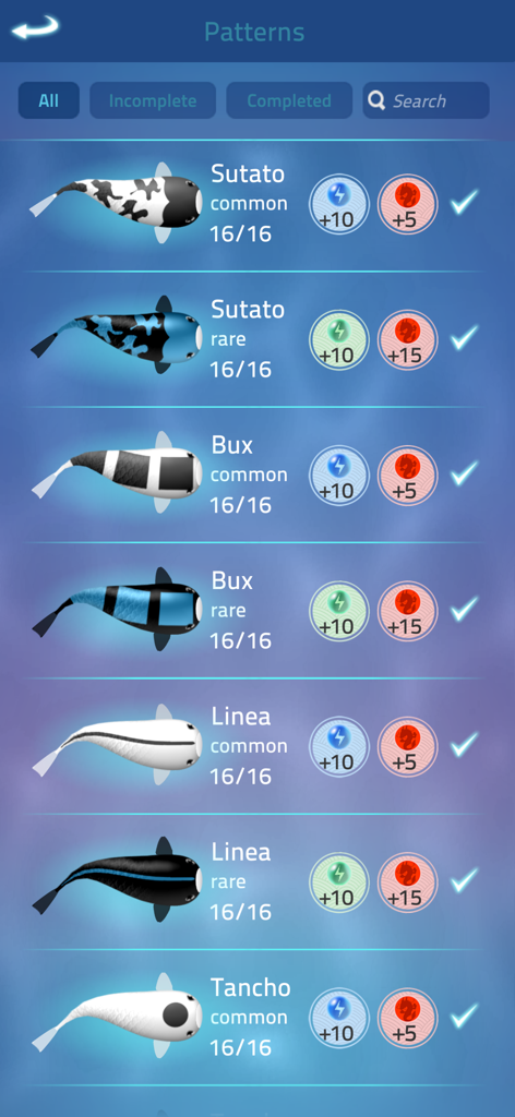 Uma lista de padrões de peixes carpa coletados no Zen Koi Pro, incluindo variedades comuns e raras.