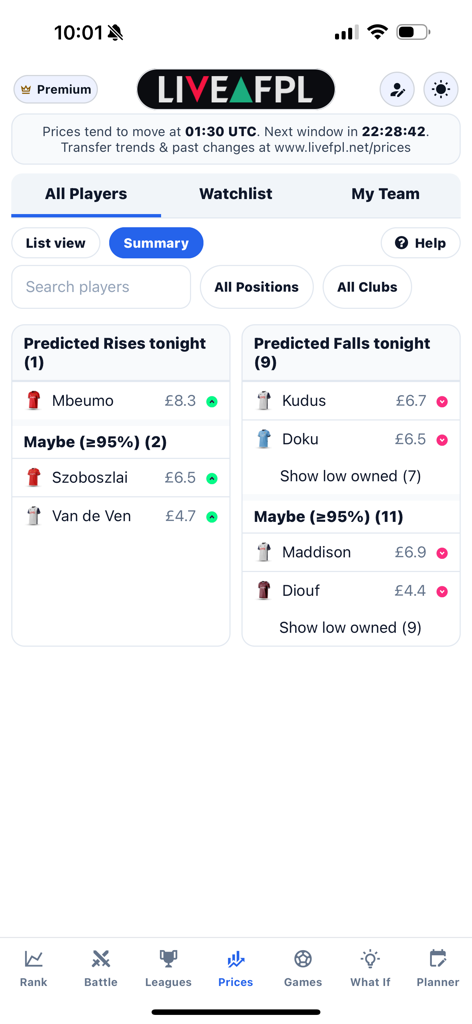 LiveFPL app interface showing predicted player price rises and falls for Fantasy Premier League