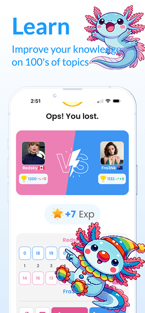 Quiz Arena - Trivia Questions - Quiz Arena app screen showing trivia competition results with cute axolotl characters