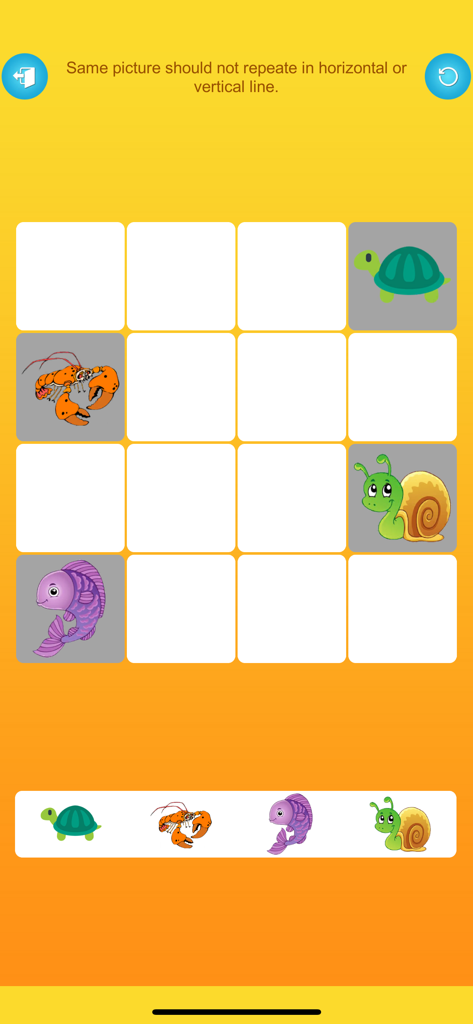 Brain Puzzle with Pictures - Uma grade de quebra-cabeça de lógica 4x4 onde ícones de animais coloridos devem ser colocados sem repetição em linhas ou colunas.