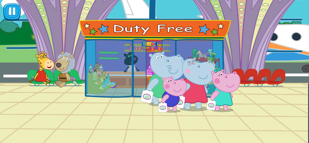 공항 면세점 앞에서 쇼핑백을 들고 있는 만화 히포 가족 캐릭터들