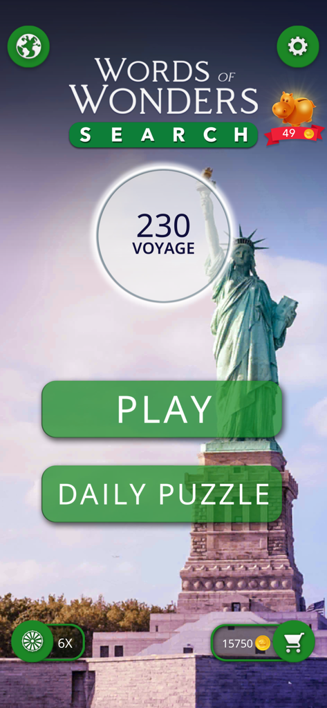 Words of Wonders Search main menu screen featuring the Statue of Liberty and level progress