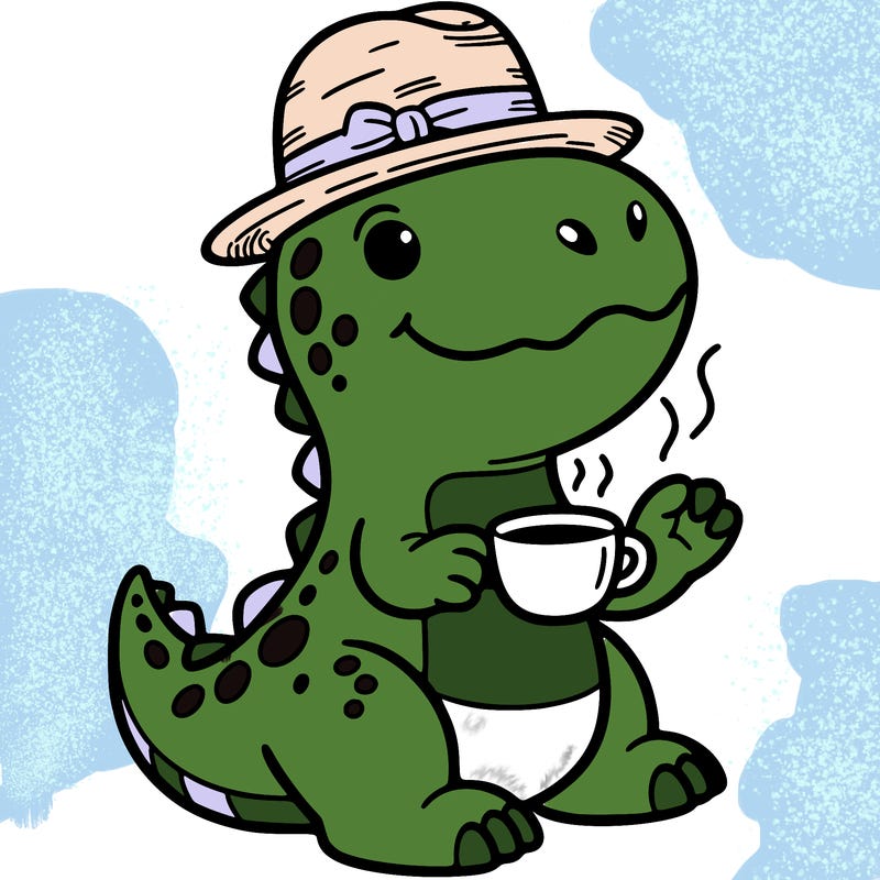 dinosaur with a cup hearing a hat