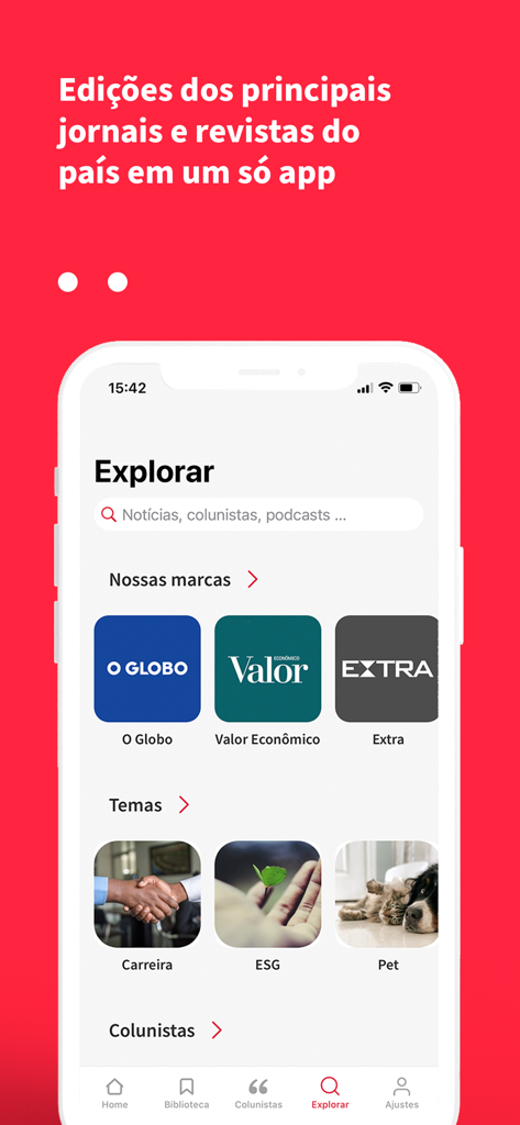 Interface do aplicativo Globo Mais mostrando marcas de notícias e categorias de conteúdo