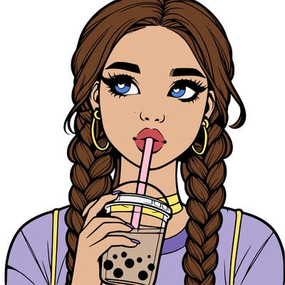 realistic girl with braided hair drinking boba
