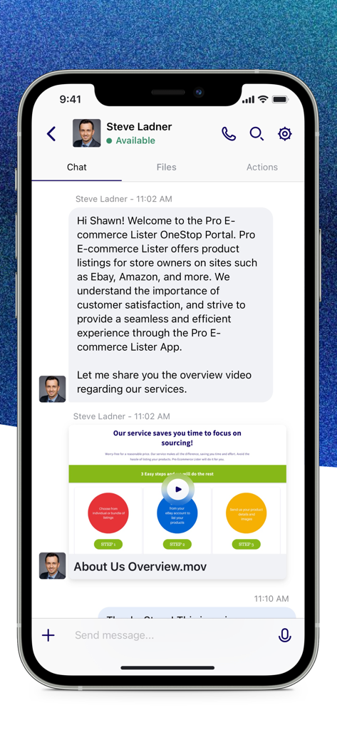 EcommerceListers - EcommerceListers app chat interface showing a message from a professional listing service agent and a video attachment