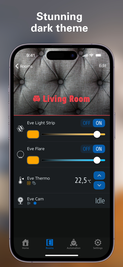 Eve for Matter & HomeKit - Eve for Matter and HomeKit app showing living room controls with a stunning dark theme