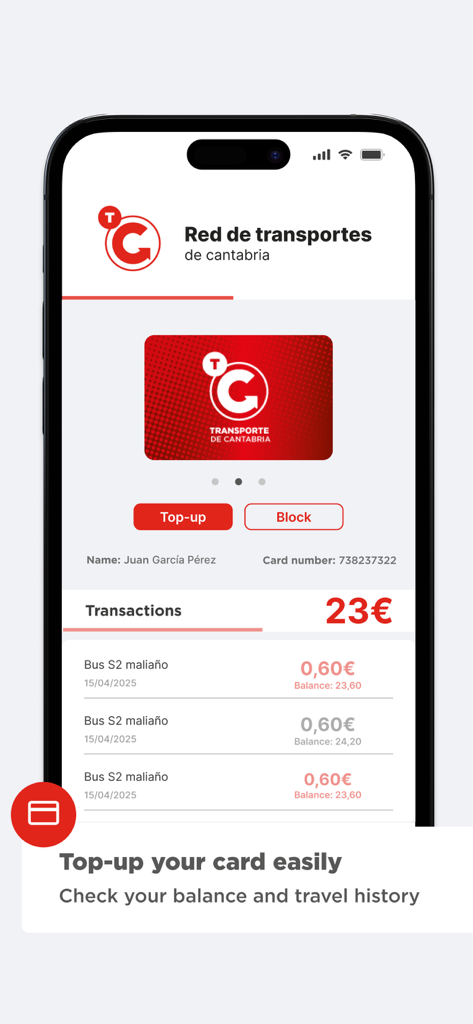 Horarios Transporte Cantabria - Pantalla de la aplicación Horarios Transporte Cantabria que muestra el saldo de la tarjeta de transporte y el historial de transacciones.